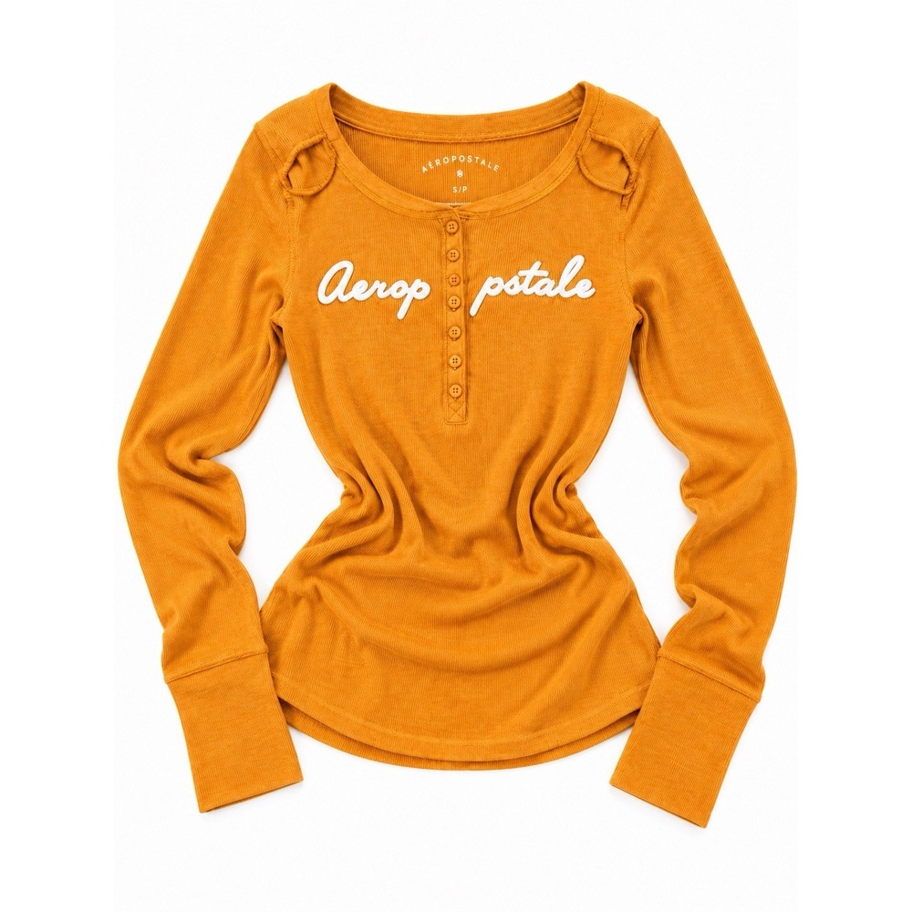 Aeropostale Y2K Orange Henley Thermal Top Long Sleeve Logo Shirt Small Halloween